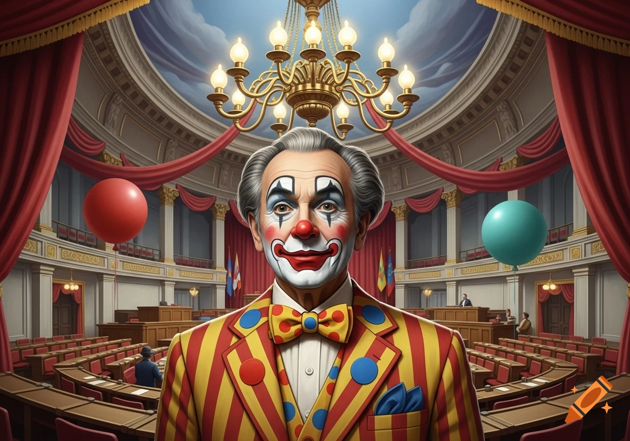 A man in full clown makeup and a striped suit with a polka-dot bow tie stands in a formal legislative chamber with red curtains and a chandelier.