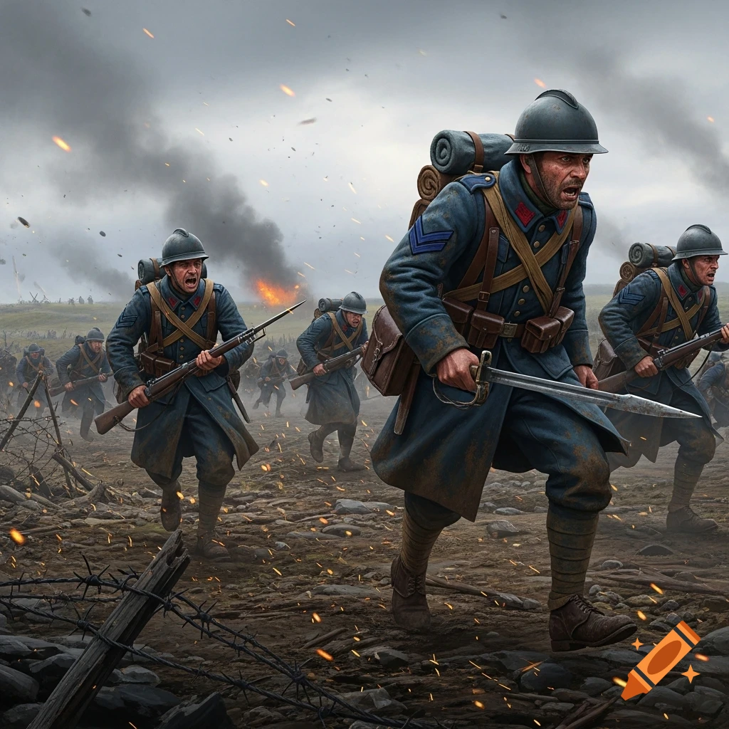 WWI French soldiers charge across a muddy battlefield amidst smoke, fire, and barbed wire, in a photorealistic style.