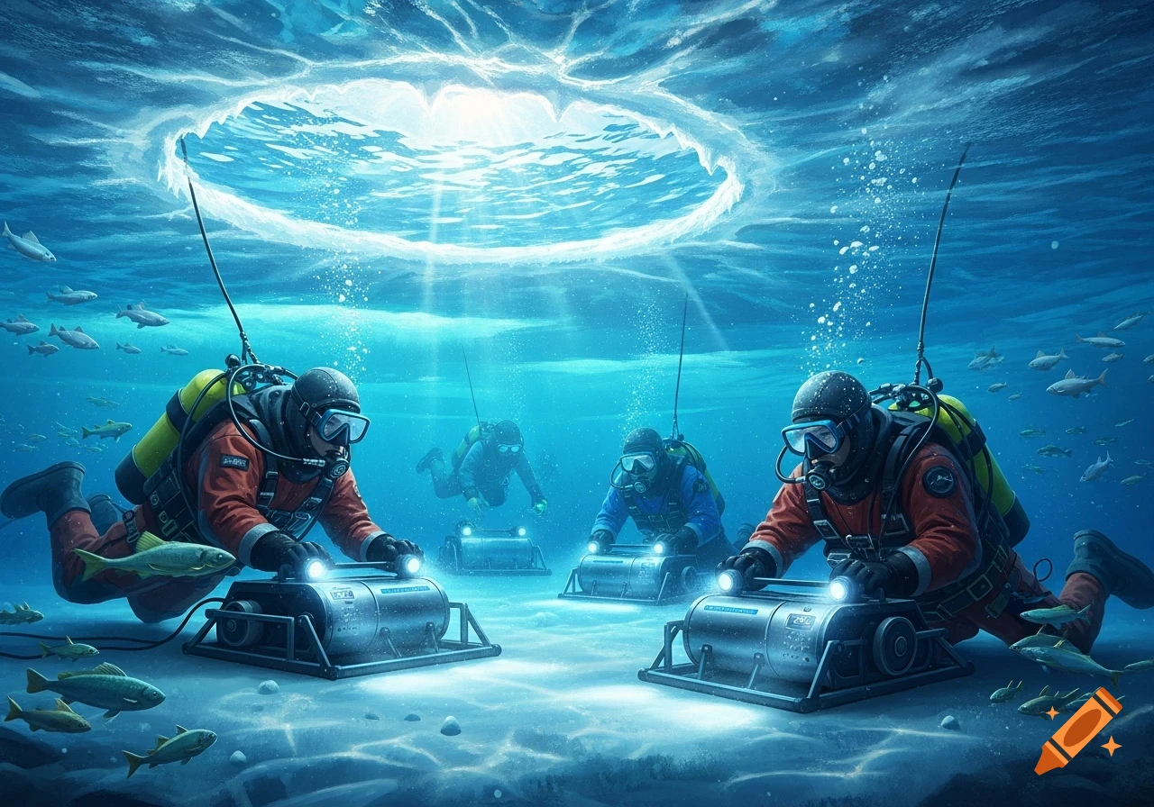 Several divers in orange and blue wetsuits operate technical equipment on an icy riverbed under a bright hole in the ice, surrounded by schools of fish.