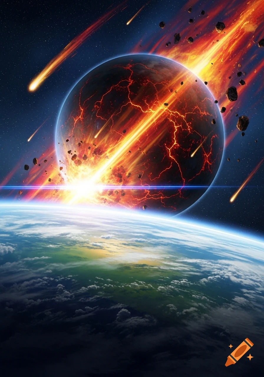A fiery, cracked celestial body crashes into Earth, causing a massive explosion with meteors flying through space.
