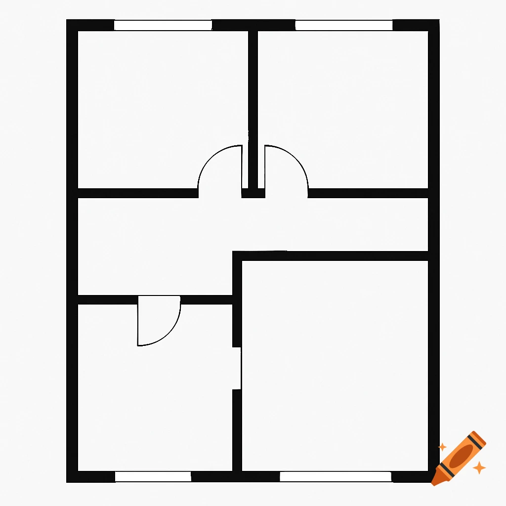 A minimalist black and white 2D floor plan of an apartment, top-down view, with clean lines and no furniture.
