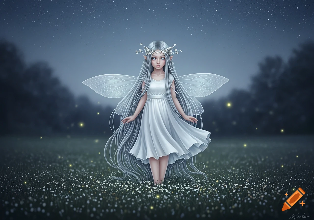 A fairy child with long silver hair, a white dress, and translucent wings stands in a moonlit meadow with glowing flowers.