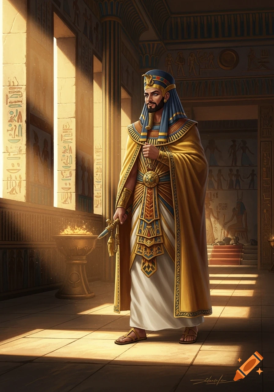 A regal ancient Egyptian pharaoh stands in an ornate hall, holding a scepter, bathed in sunlight from the windows.