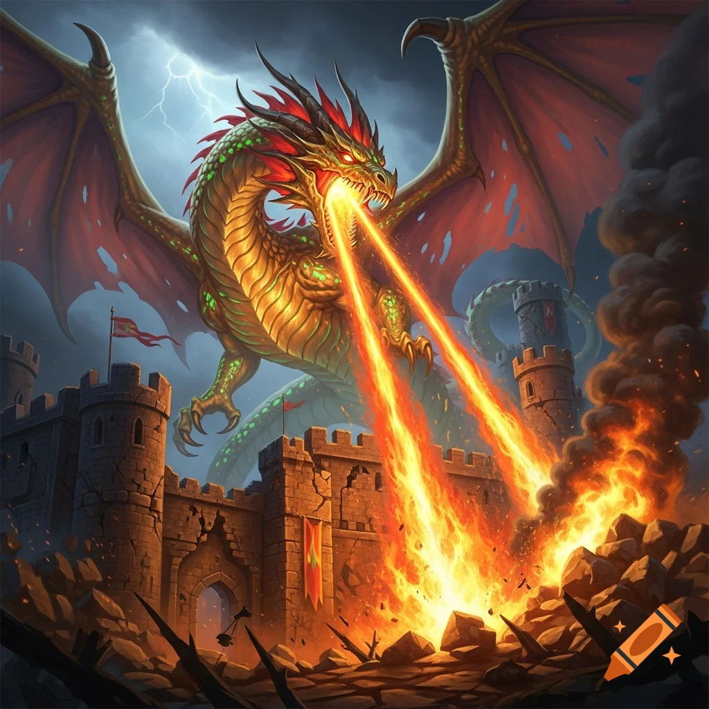 A giant golden and red dragon breathes fire, destroying a stone castle under a stormy, lightning-filled sky in detailed fantasy art.