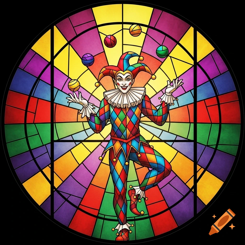 A colorful jester juggles, depicted in a vibrant circular stained glass art style.
