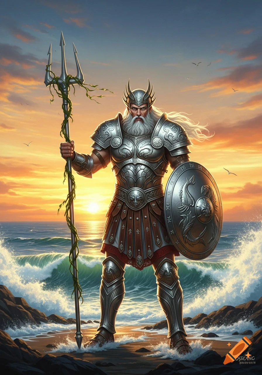 A majestic god-like warrior in ornate silver armor, holding a trident and shield, stands on rocks by the ocean at sunset.