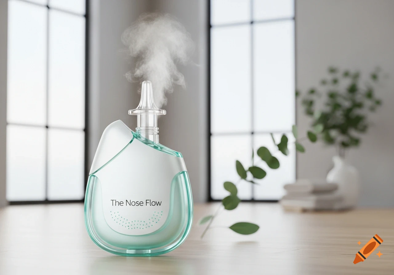 White and teal nose humidifier labeled 'The Nose Flow' emitting steam on a wooden table with blurred background plants.