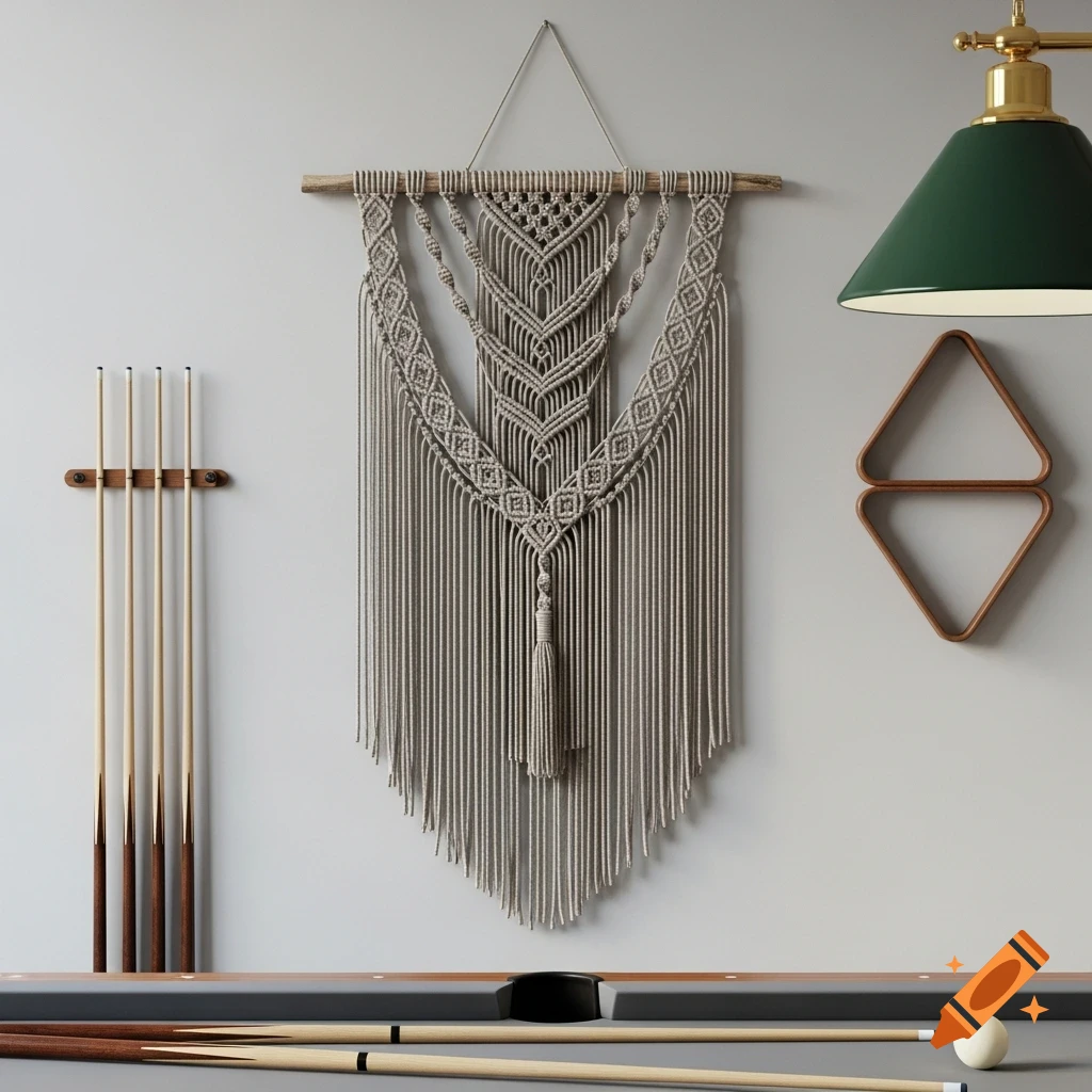 A macramé wall hanging above a grey billiard table with cues and wooden racks, illuminated by a green lamp.