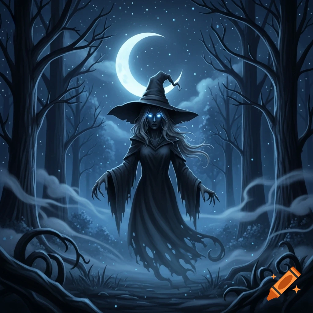 A spectral witch with glowing blue eyes and a tattered dress stands in a dark, moonlit forest, surrounded by bare trees and mist.