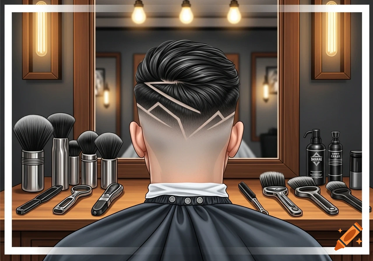 Back of a person's head with a fade haircut and geometric designs, wearing a barber cape in a barbershop with tools, illustration.
