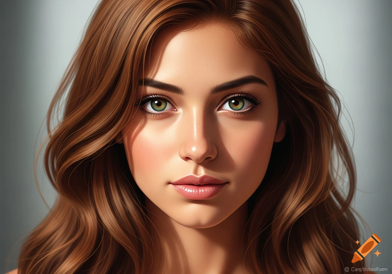 Close-up photorealistic portrait of a brown-haired woman with striking green eyes and glowing skin.