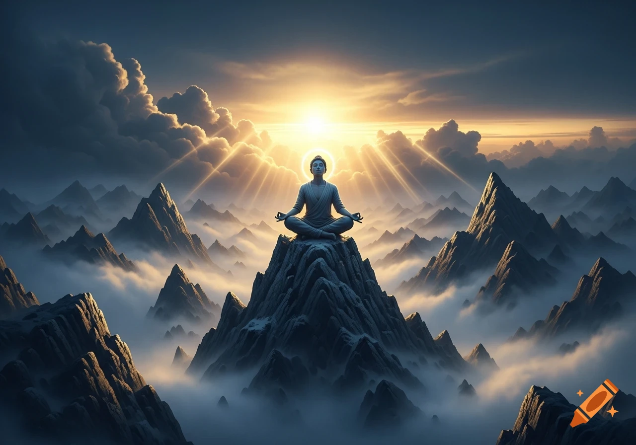 A person meditates in the lotus position on a majestic mountain peak, bathed in the golden light of sunrise with a halo.