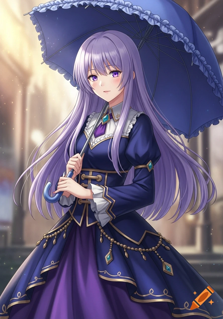 An anime-style young woman with long lavender hair and purple eyes wears a navy and purple noble-styled dress with gold accents, holding a blue umbrella.
