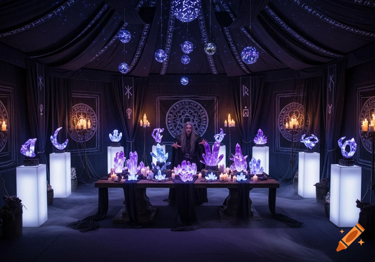 A long-haired wizard in dark robes stands behind a table filled with glowing purple and blue crystals and candles in a dark, mystical tent with runes.