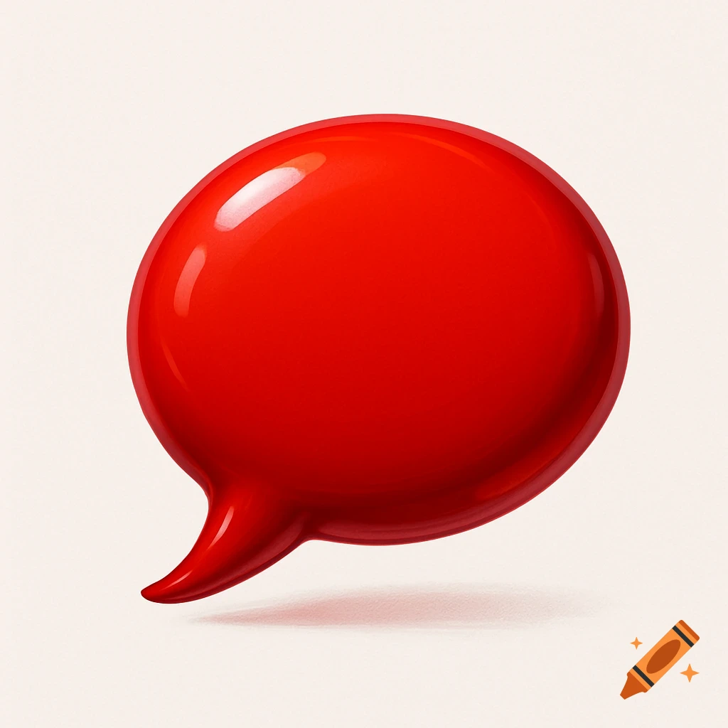 Glossy red speech bubble icon with a shadow on a light background.