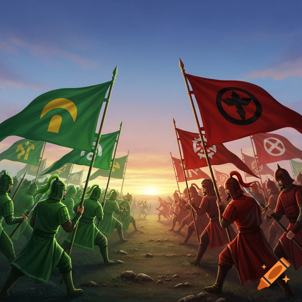 Two armies, one in green and one in red, face each other on a battlefield at sunset, holding flags and preparing for conflict.