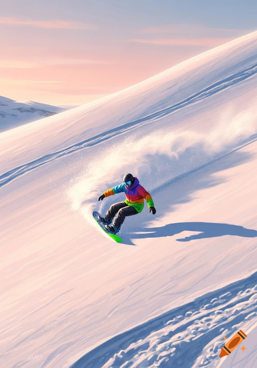A person in a rainbow-colored jacket snowboards down a snow-covered mountain, kicking up a spray of snow, under a soft pink and blue sky.