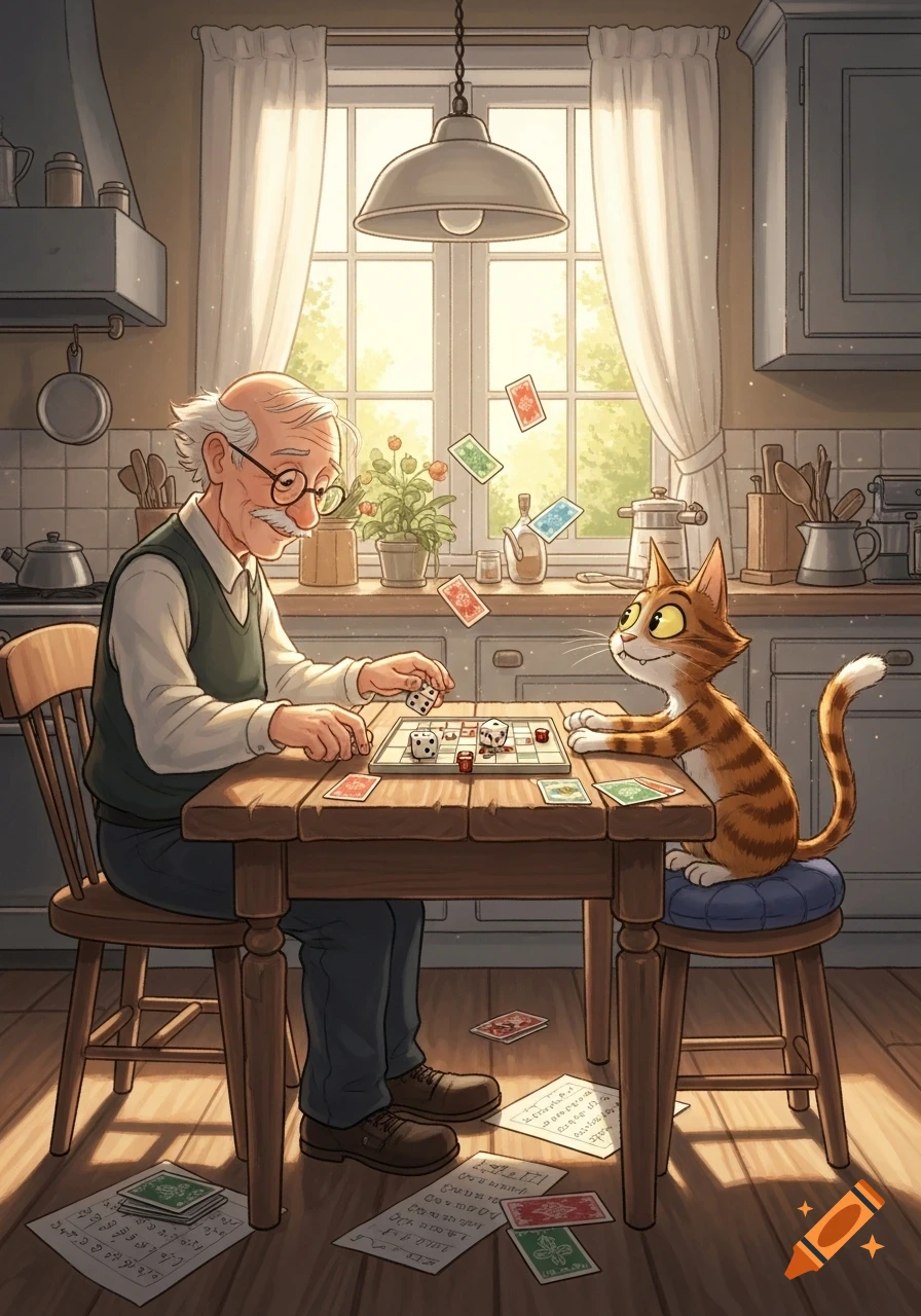 An old man and a cat play a dice board game at a wooden table in a sunlit cartoon kitchen.