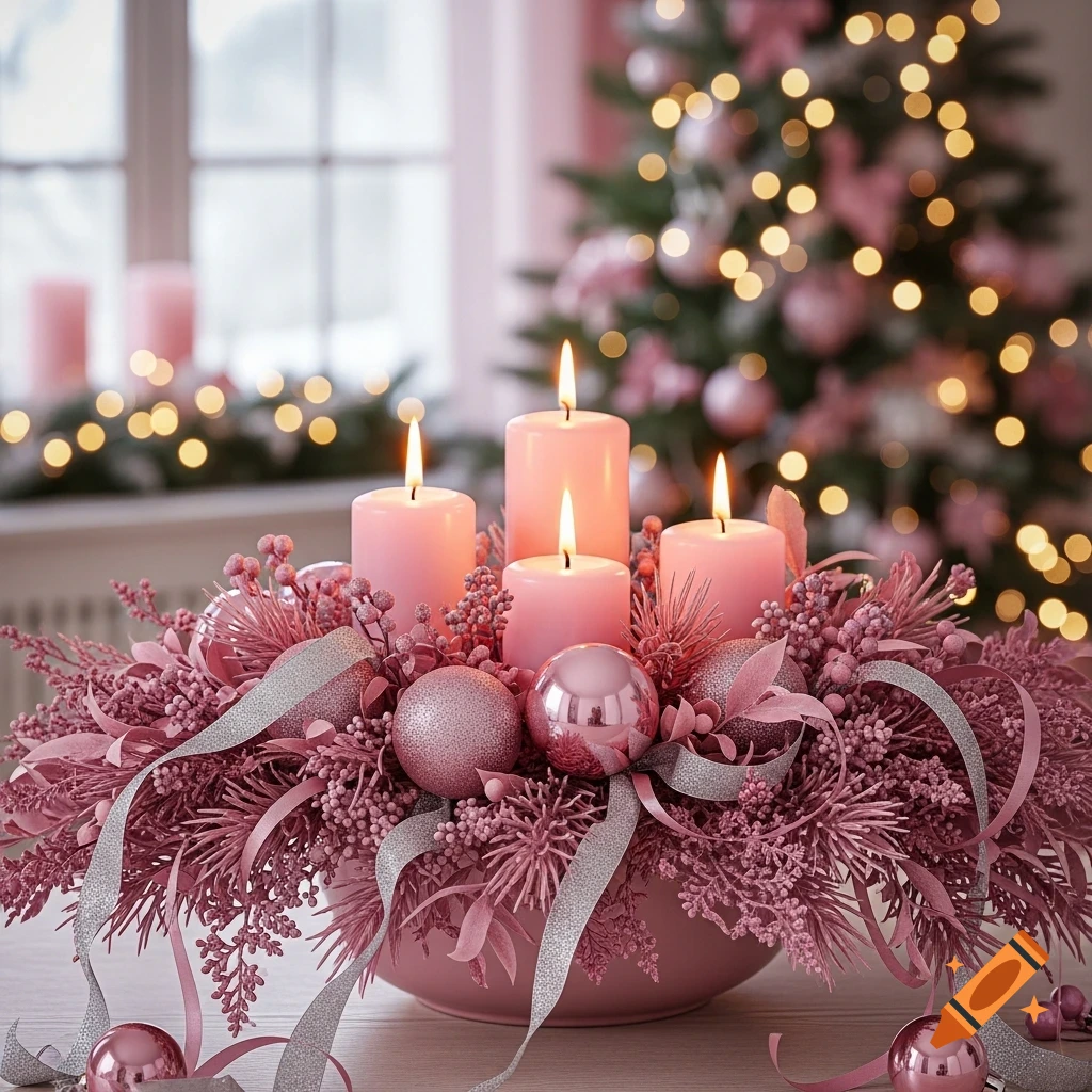 A close-up shot of a pink Christmas arrangement with four burning pink candles, ornaments, and pine branches, set against a blurred background of a window and a Christmas tree with fairy lights, in a photorealistic style.