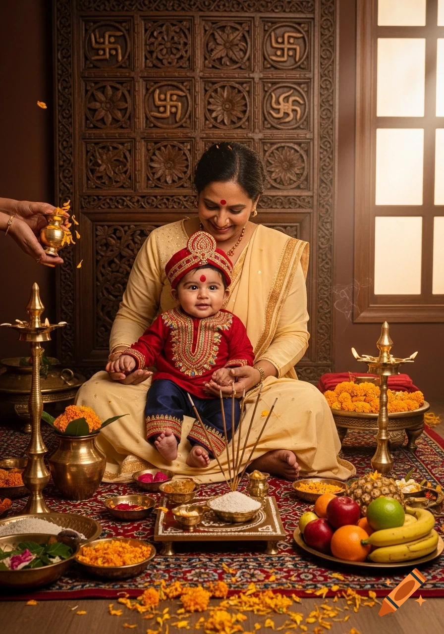 A mother holds a baby in a red ceremonial outfit during a traditional Indian Anna Prashan ceremony with offerings.