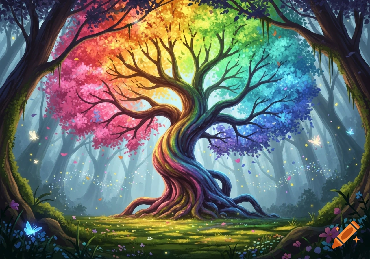A vibrant, detailed illustration of a giant rainbow tree with colorful foliage and roots, set in a magical forest with fireflies.