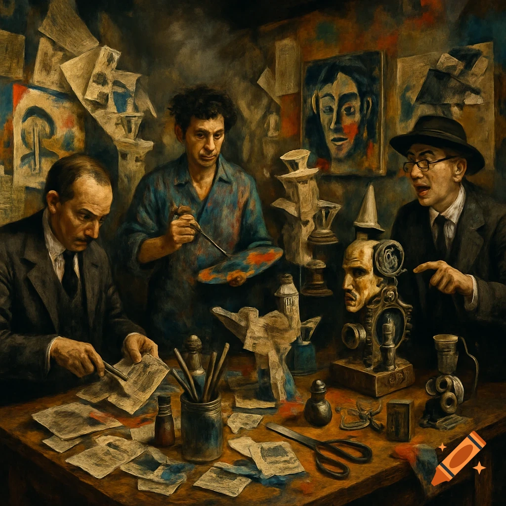 A dark, oil painting style image of three Dada artists in a cluttered studio with abstract art, fragmented objects, and papers on a table.