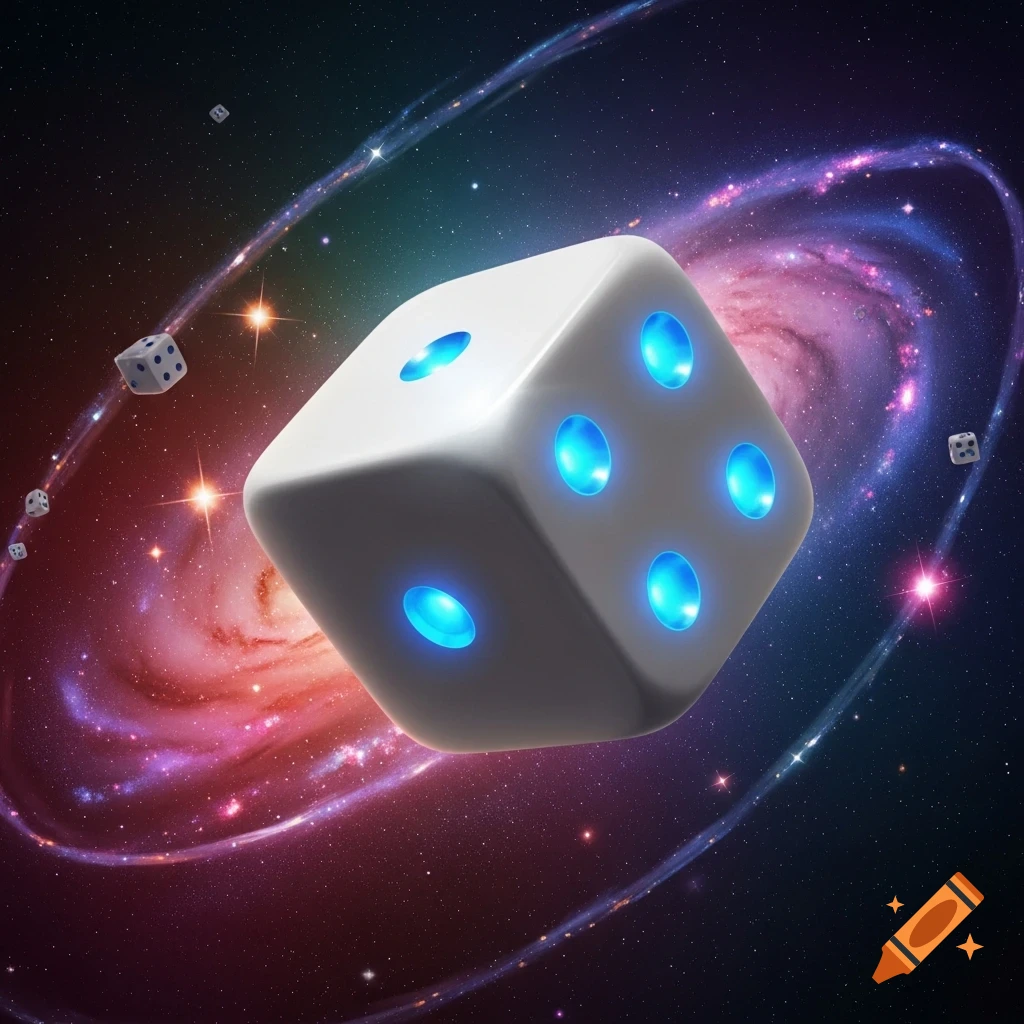 A large white die with glowing blue pips floats in a vibrant galaxy, with smaller dice scattered in the background.