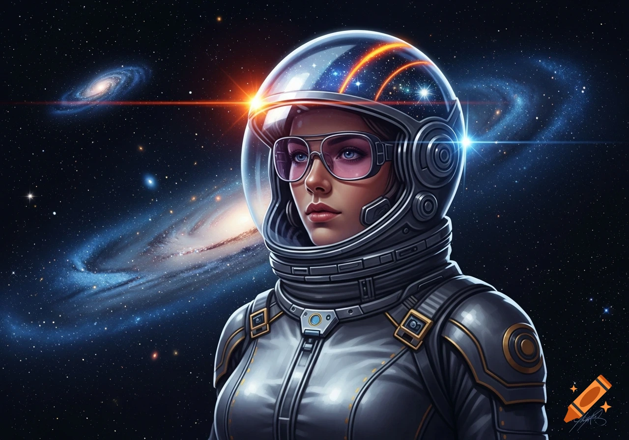 A woman in a futuristic astronaut suit and helmet with pink-tinted glasses gazes into space with galaxies and stars.