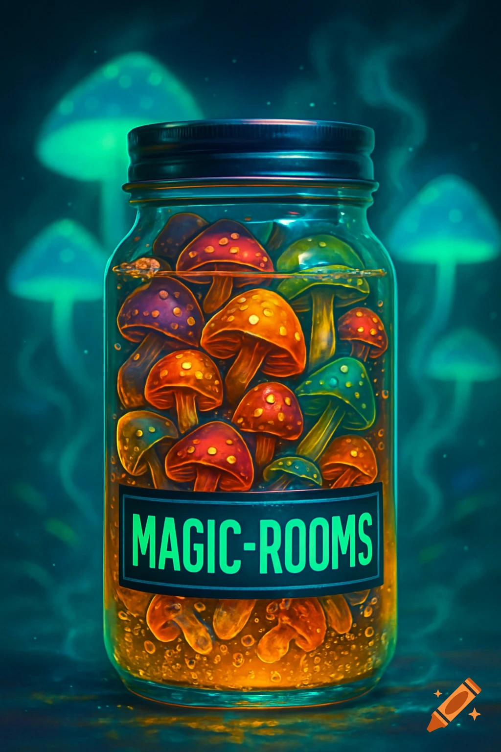 A glass jar filled with vibrant, glowing red, orange, and purple mushrooms, labeled "MAGIC-ROOMS," against a mystical blue-green background.