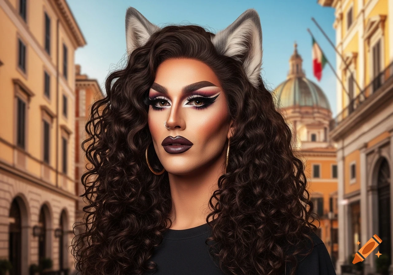 Photorealistic portrait of a person with elaborate drag makeup, long curly dark hair, and wolf ears, against an Italian cityscape.