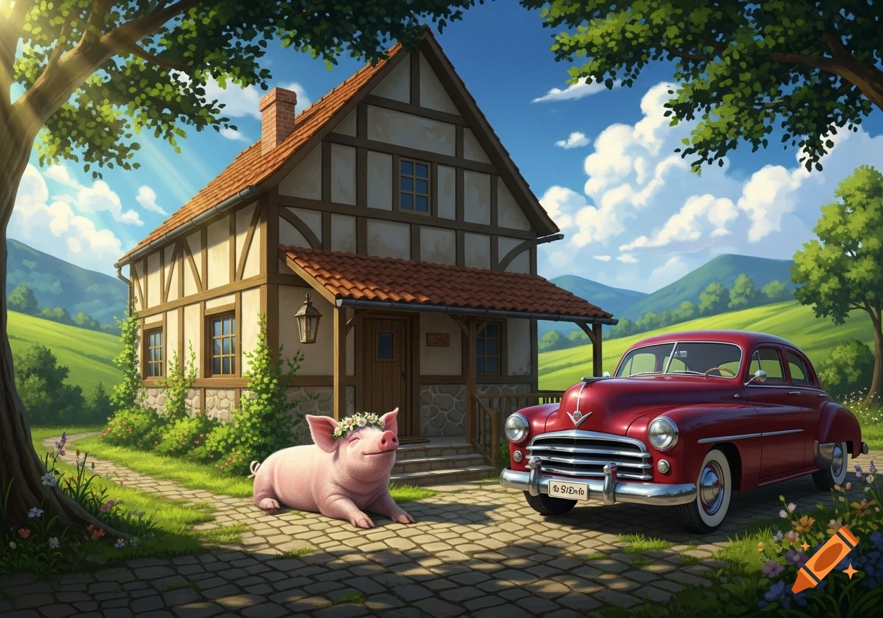 A happy pig in a flower crown lies on a stone path beside a red vintage car in front of a half-timbered house in a sunny, green rural landscape.