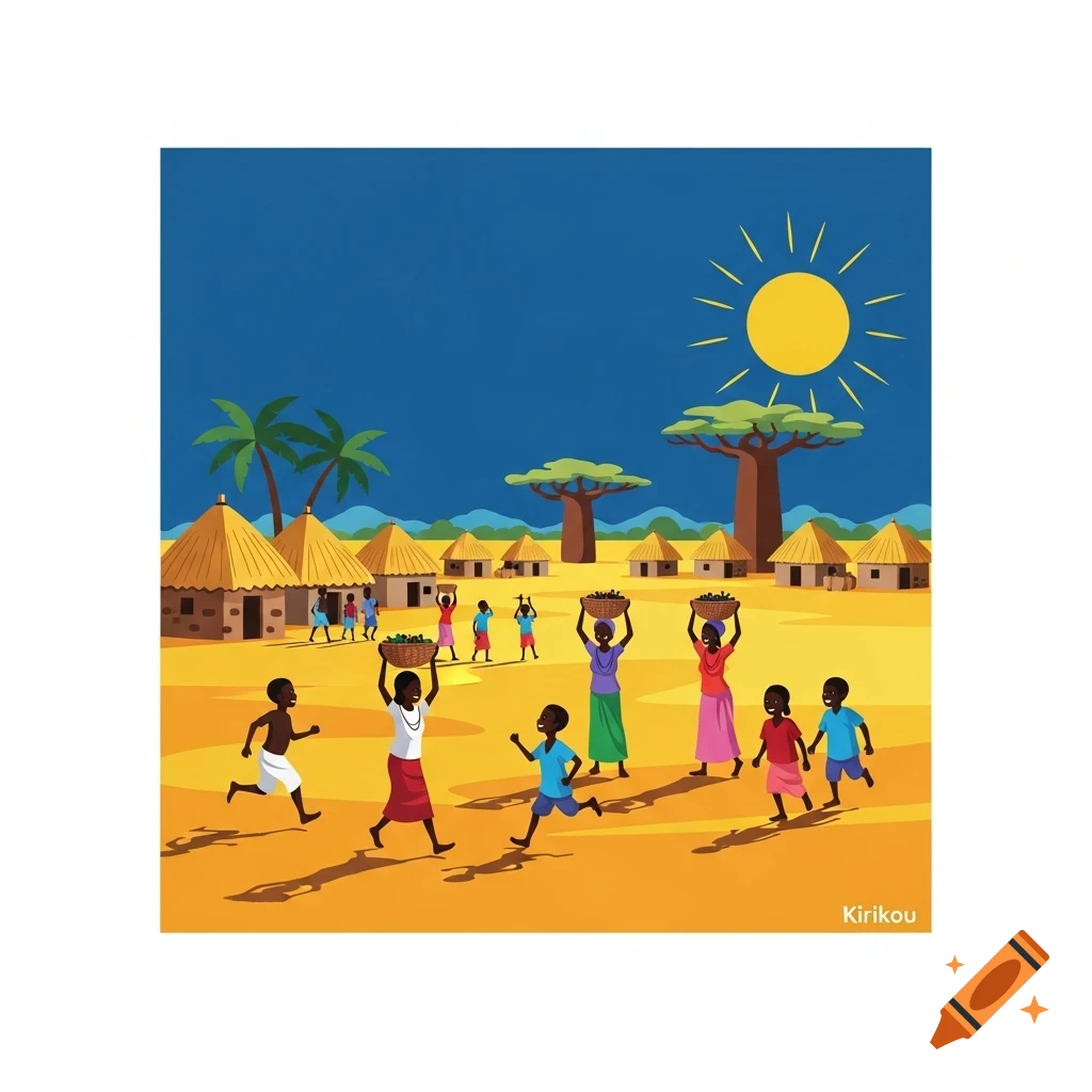 A stylized illustration of a lively Sub-Saharan African village scene with people carrying baskets and children running under a bright sun.