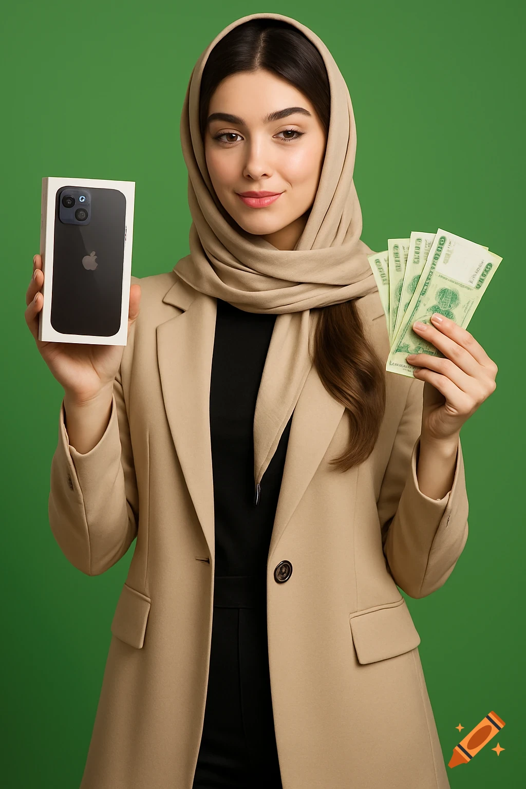 A woman in a beige blazer and headscarf holds an iPhone box in one hand and a fan of green banknotes in the other, smiling confidently against a green background.