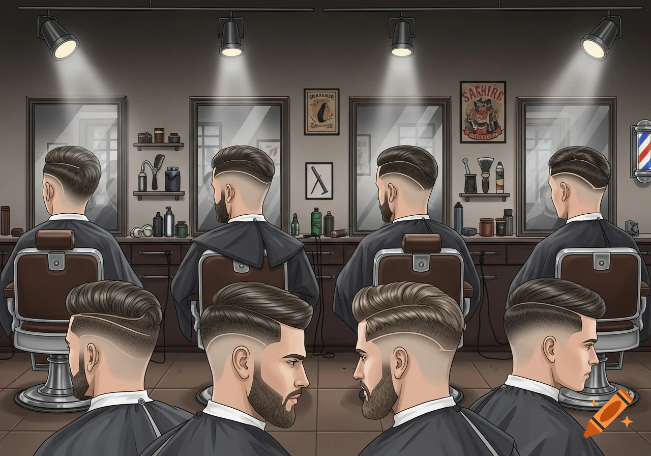 Illustration of several men getting modern taper fade haircuts in a classic barbershop setting.