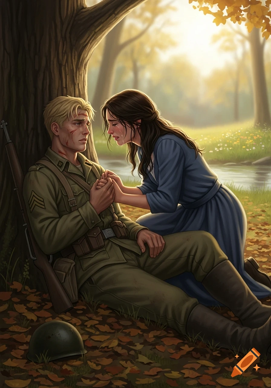 A crying woman kneels, holding the hands of a wounded soldier sitting against a tree in an autumn forest by a stream.