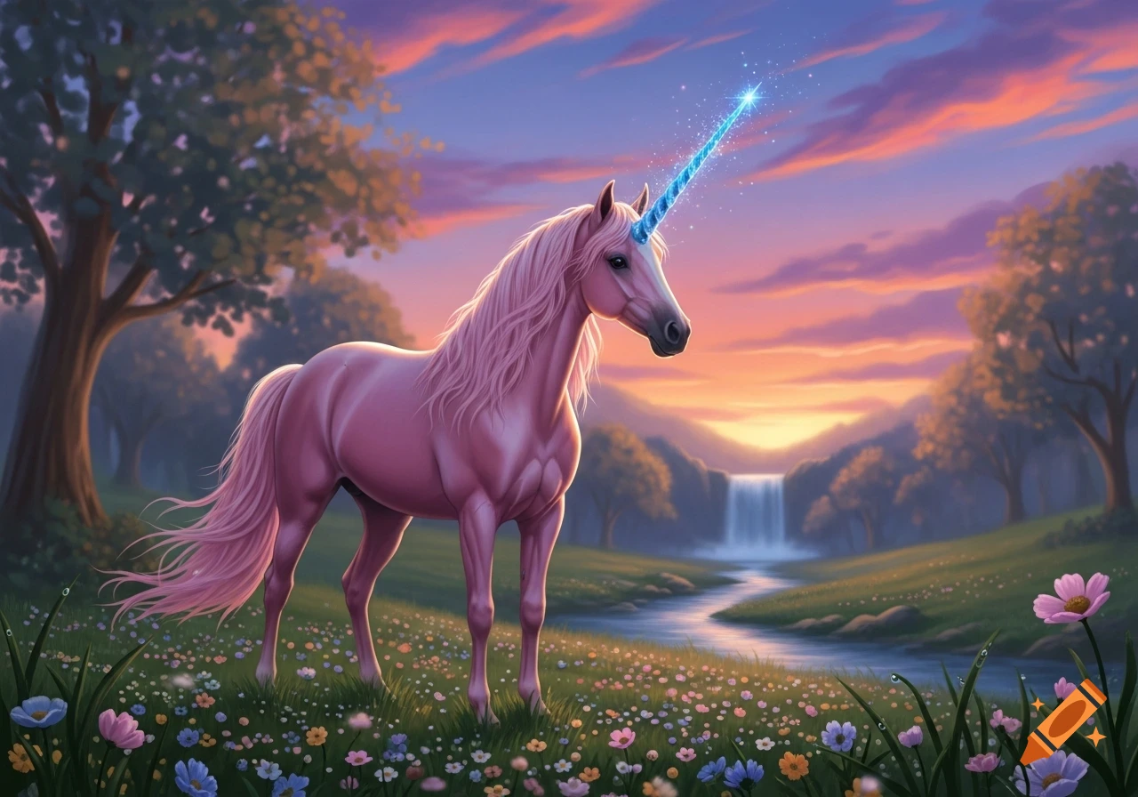 A pink unicorn with a sparkling blue horn stands in a field of wildflowers by a stream and waterfall at sunset, in a vibrant fantasy art style.
