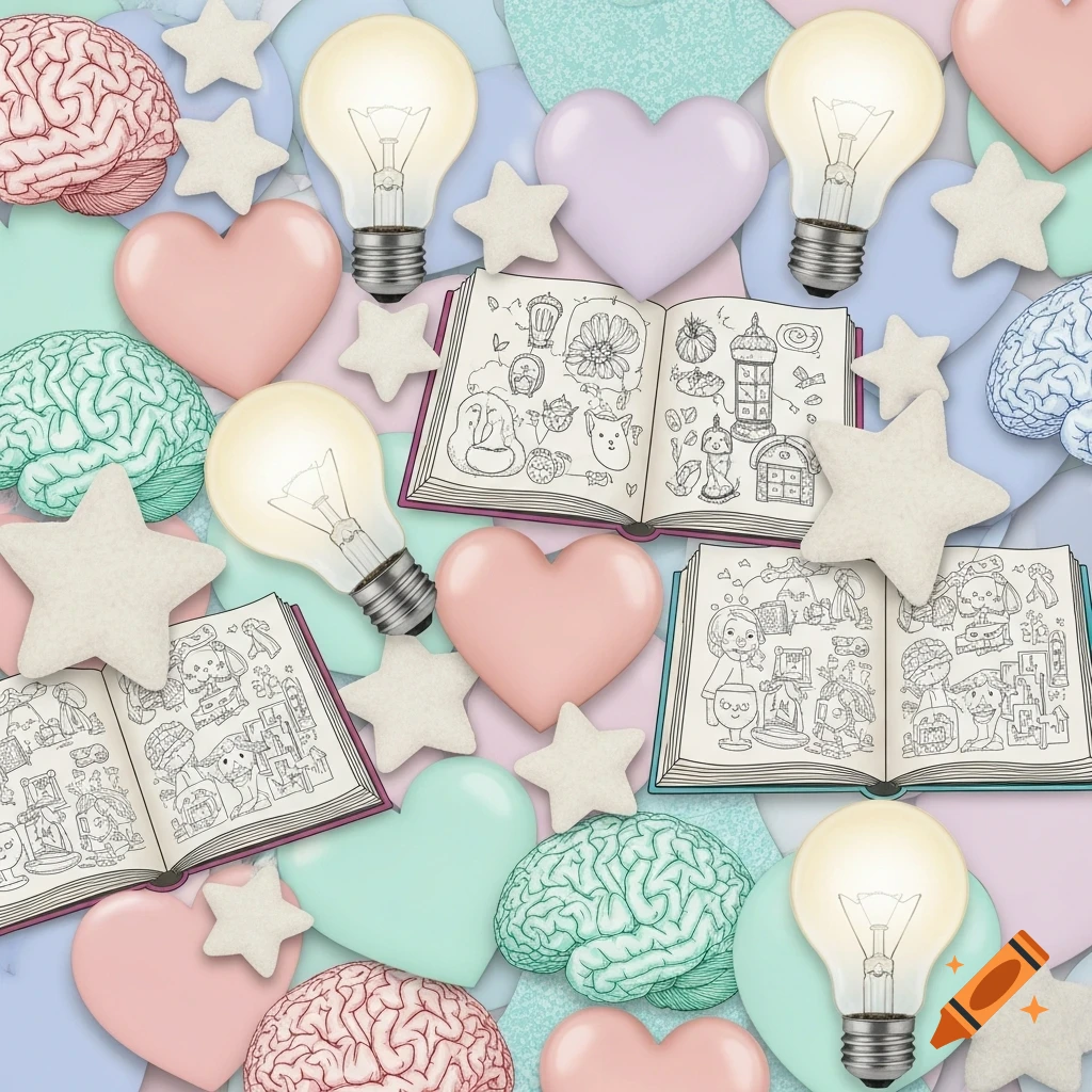 A colorful collage of stylized hearts, glowing light bulbs, brains, open coloring books, and star shapes in pastel colors.