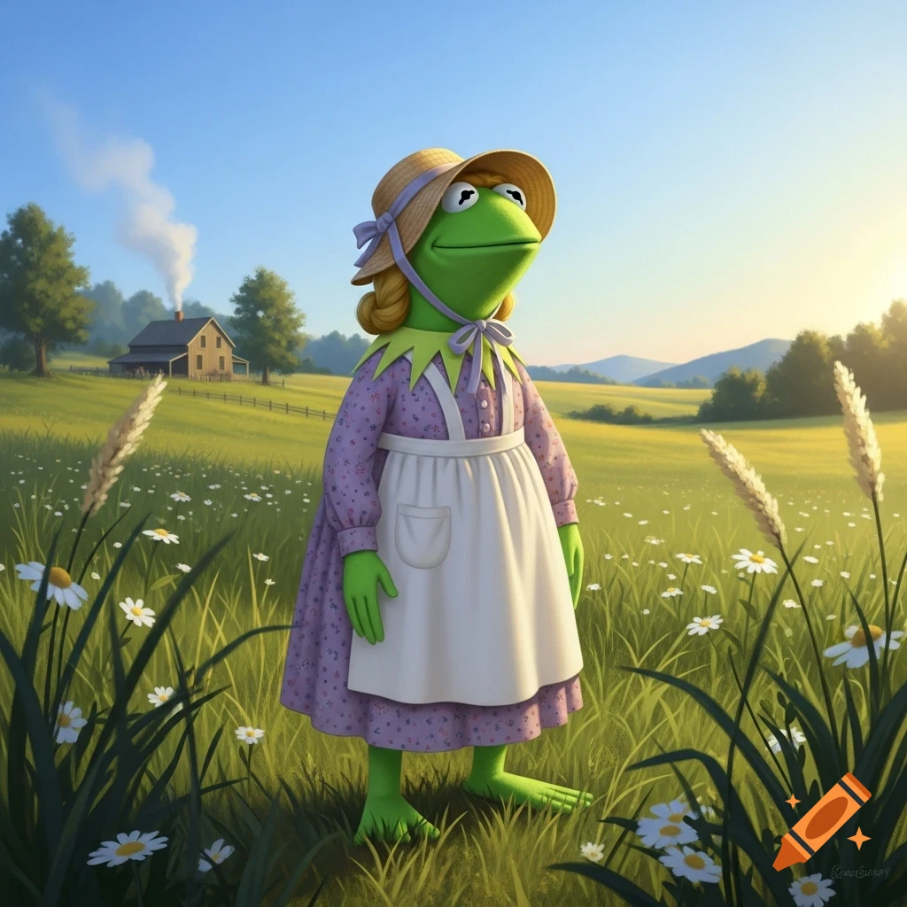 Kermit the Frog in a pioneer dress and bonnet stands in a sunny, daisy-filled field with a farmhouse.