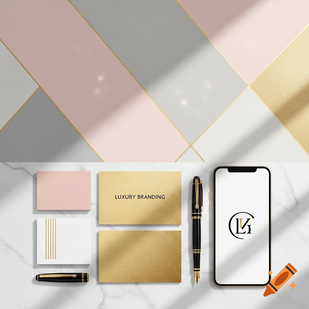 Flat lay of luxury branding elements: gold and pink business cards, a fountain pen, and a smartphone displaying a logo, on a marble background.
