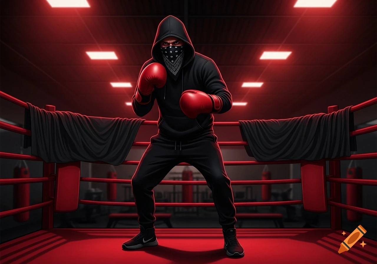 A person in a black hoodie, bandana, and red boxing gloves stands in a red-lit boxing ring.