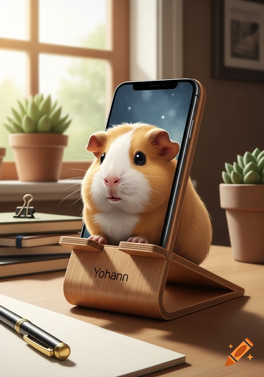 A cute photorealistic guinea pig sits in a wooden phone stand labeled "Yohann" on a desk, next to a pen and paper.