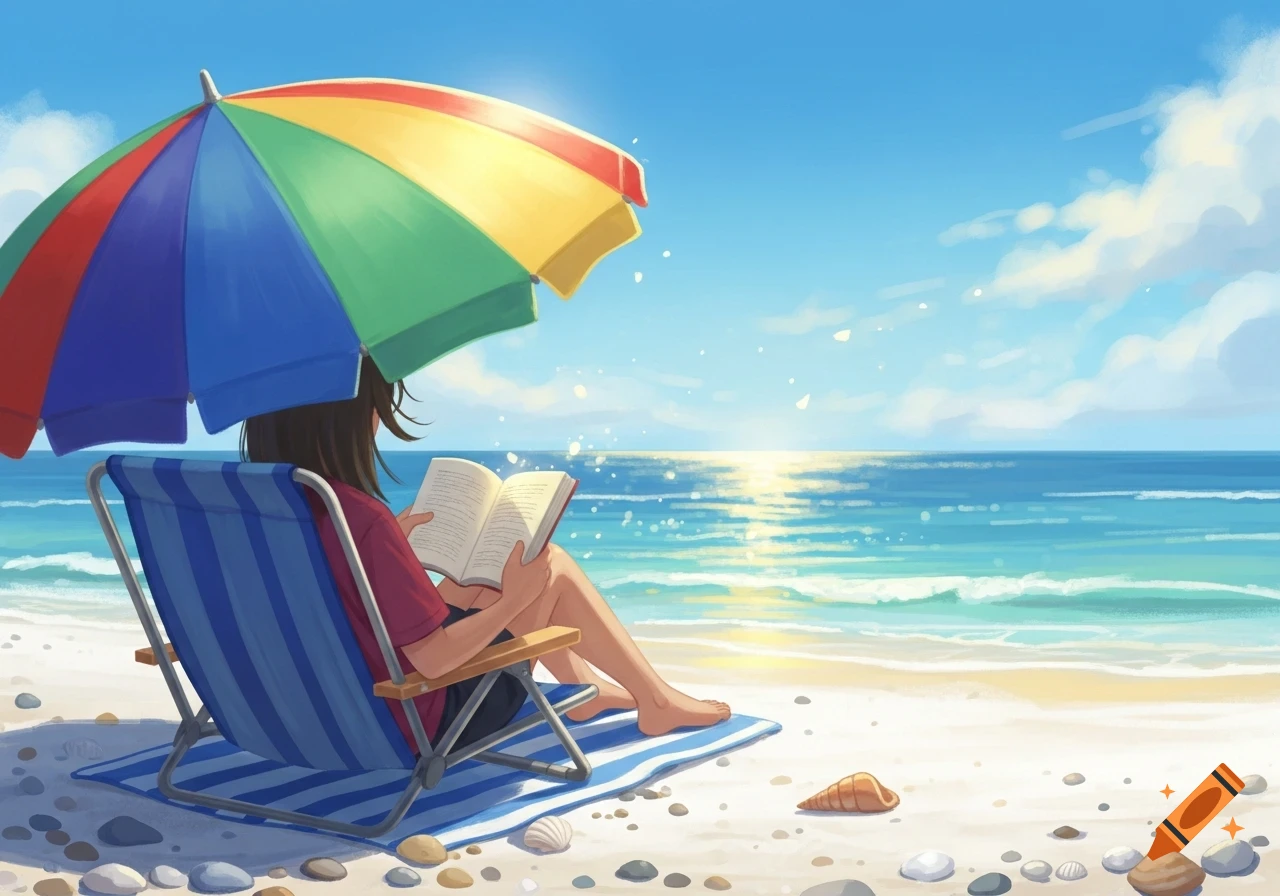 Stylized illustration of a person reading a book in a beach chair under a colorful umbrella, with the ocean in the background.