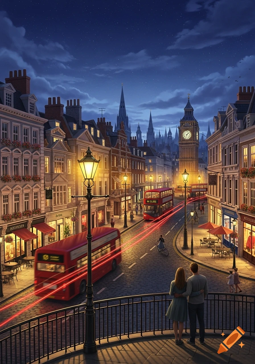 An artistic depiction of a bustling London street at night, with red double-decker buses, historic buildings, and Big Ben in the background, as a couple watches from a bridge.