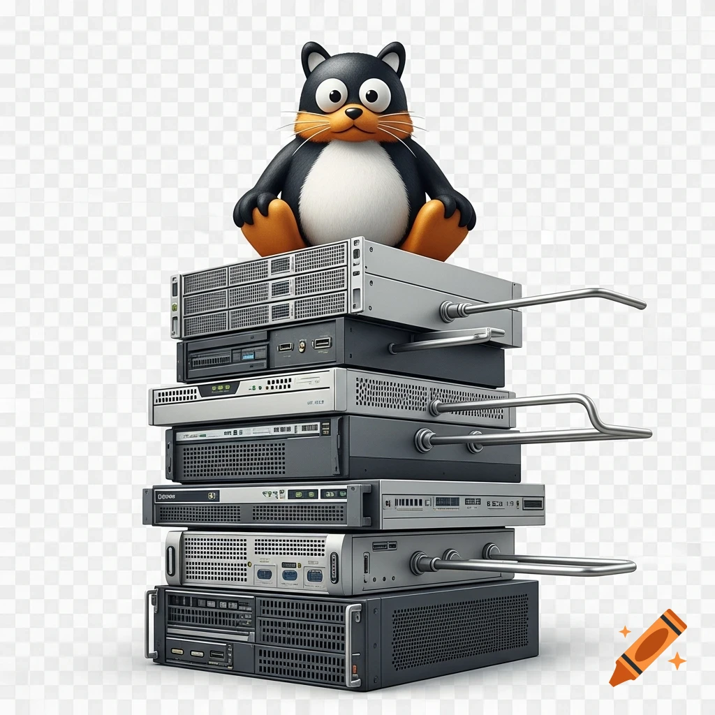 Tux, the black and orange Linux mascot, sits atop a stack of gray computer servers with silver rails, against a transparent background.