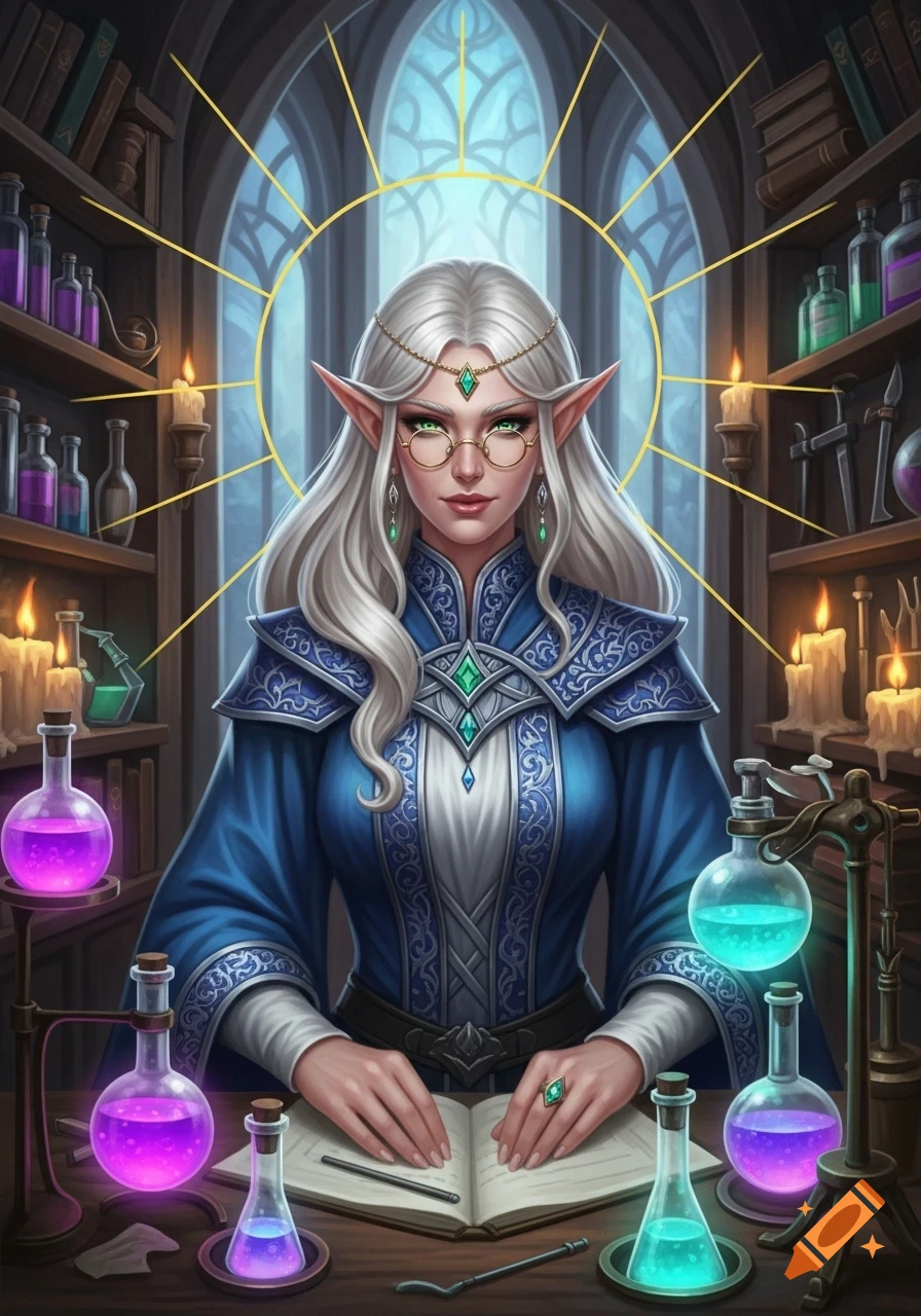 A blonde, green-eyed high elf artificer with glasses in a blue robe sits at a desk with glowing potions in a mystical lab.