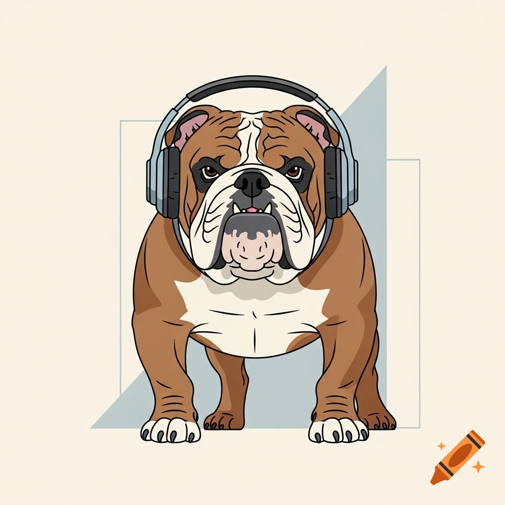 A brown and white bulldog with black headphones around its head, in a simple vector art style.