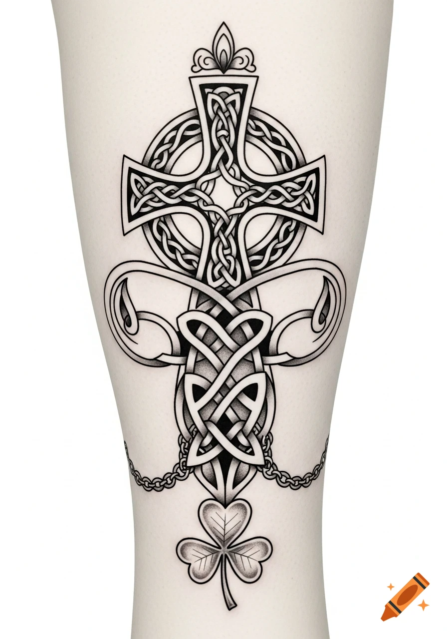 Black and white Celtic cross and Dara knot tattoo design with chains leading to a shamrock, drawn in intricate knotwork style.