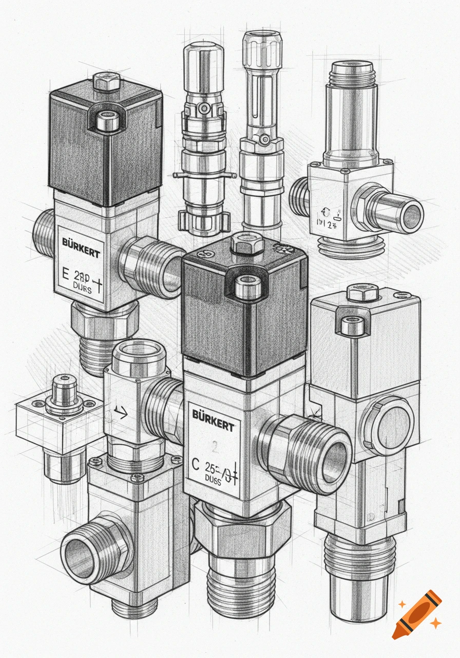 A detailed pencil sketch collage of various industrial Bürkert solenoid and microfluidics valves.