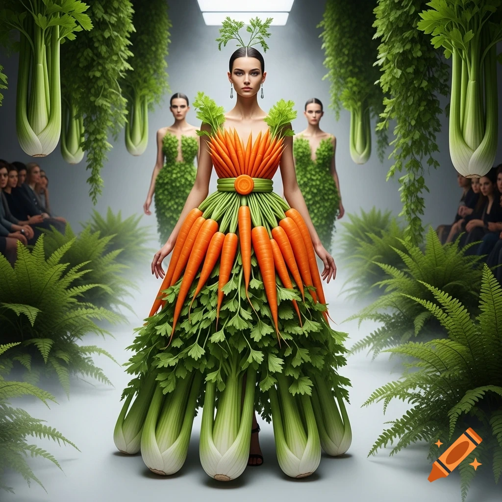 A woman models a striking dress crafted from carrots and celery on a runway, surrounded by green foliage and other models.