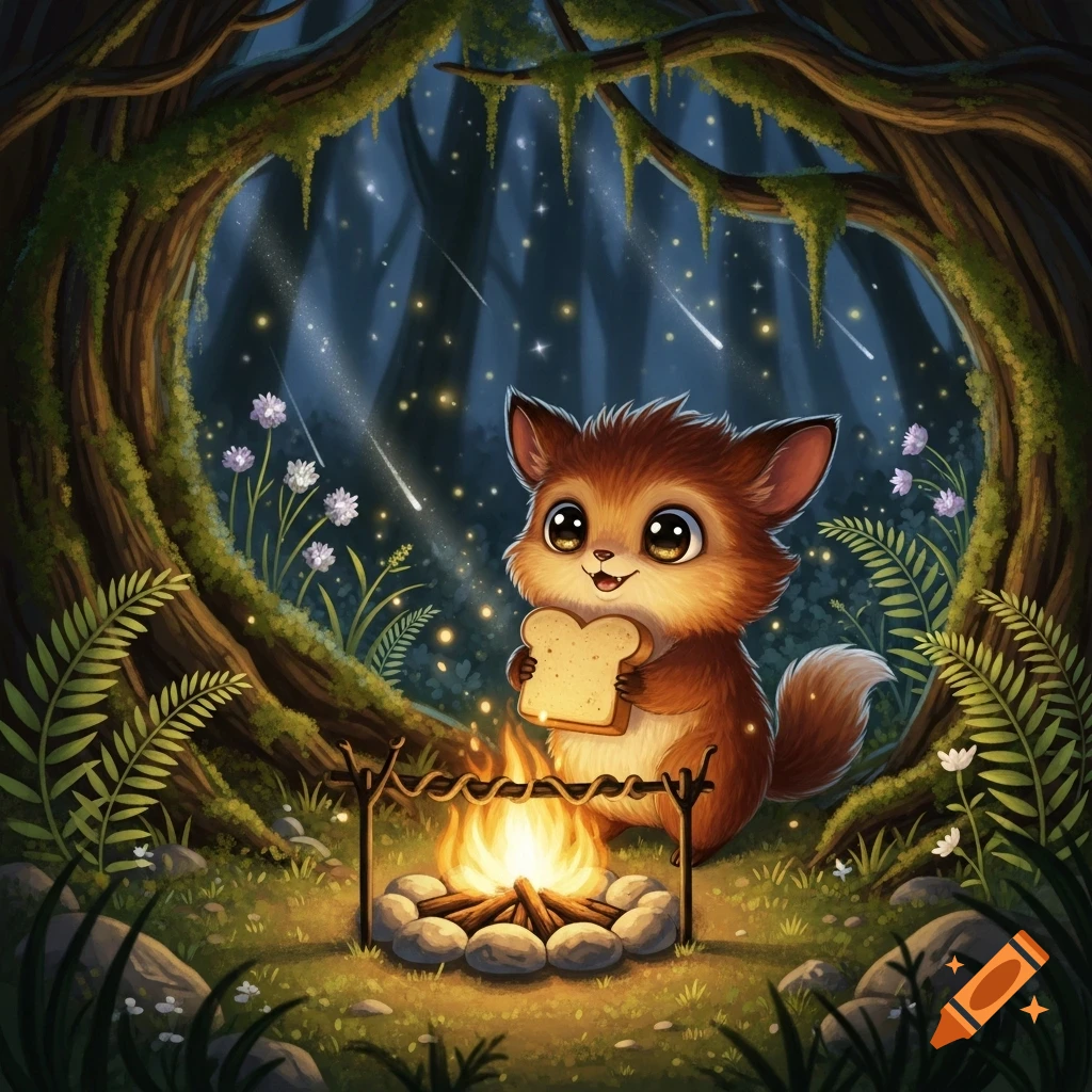 A cute, big-eyed fox-like creature toasts bread over a campfire in a whimsical forest with glowing plants and shooting stars.